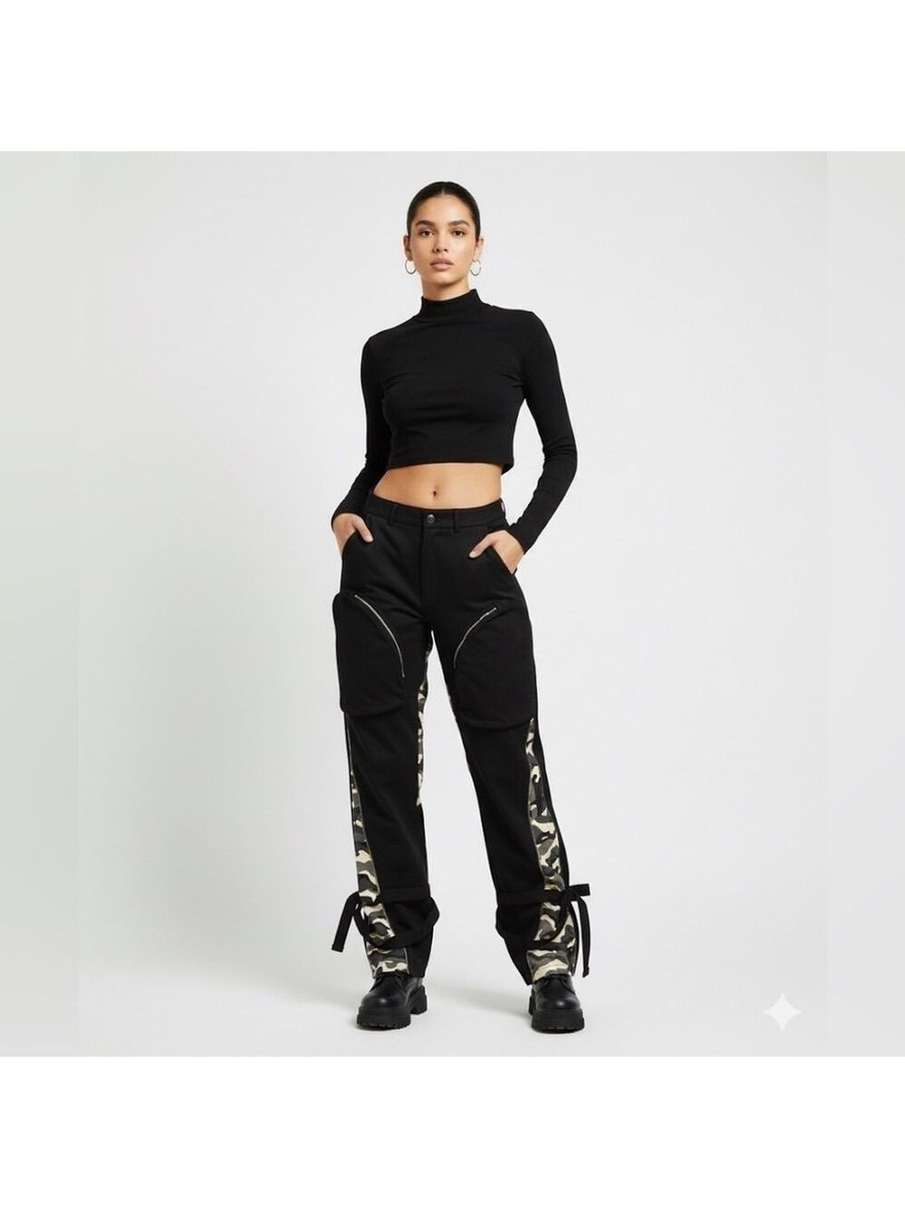 Chicways Camo Cargo Pants Small Black Gray White Baggy Utility Streetwear